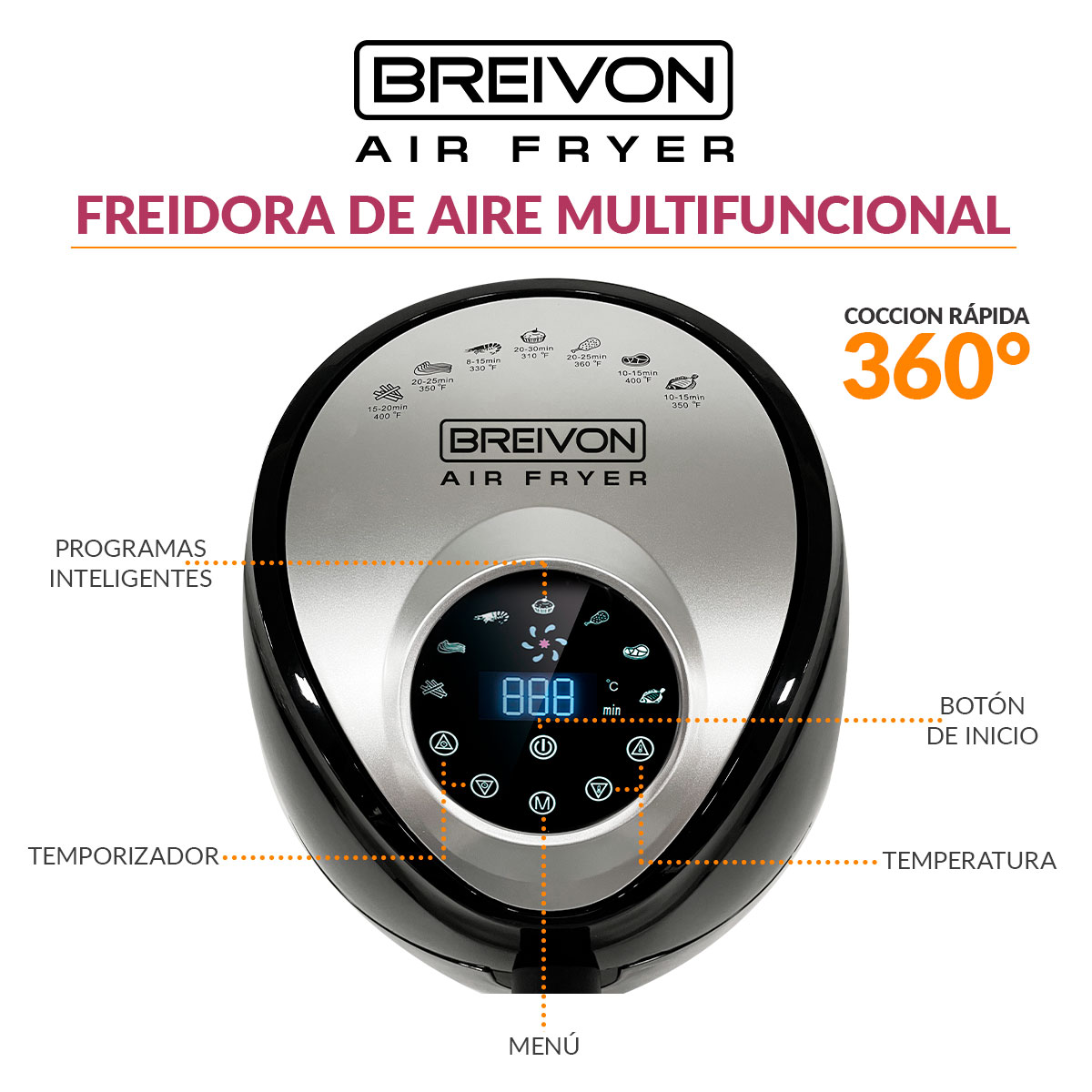 Freidora Eléctrica De Aire Breivon Ready Cook 3.2L Pantalla Táctil/ 7 Programas Preestablecidos y Recetario Gratis