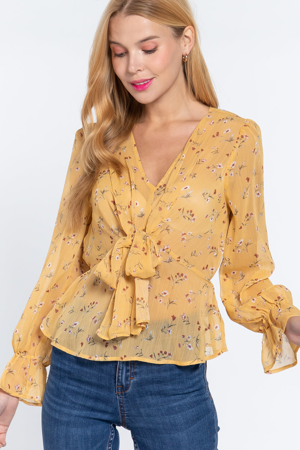 Blusa De Chifón Gasa Estampado Peplum Moño Floral Mostaza Active USA Talla Grande