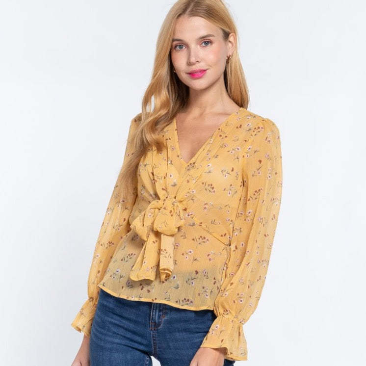 Blusa De Chifón Gasa Estampado Peplum Moño Floral Mostaza Active USA Talla Grande