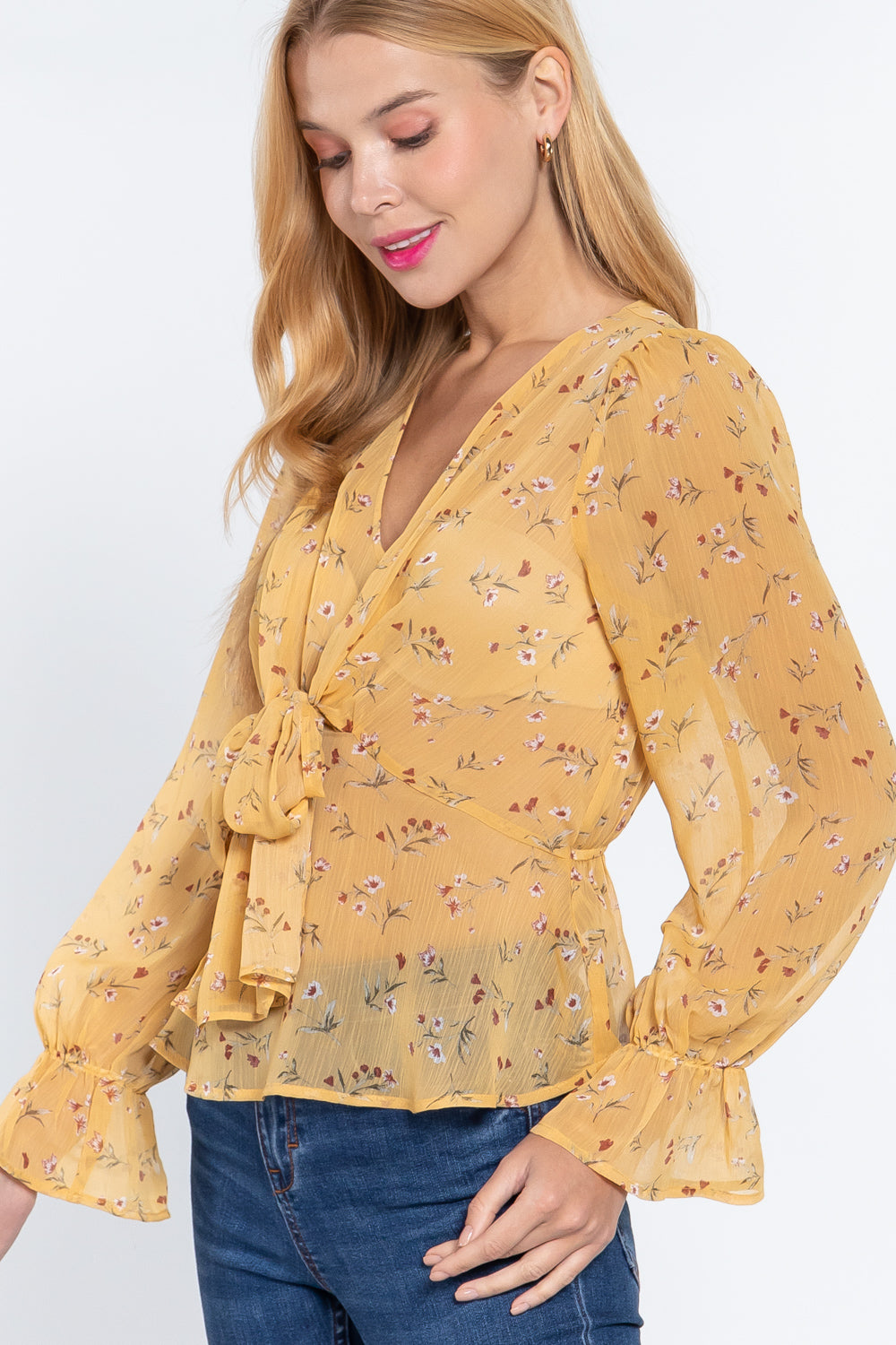 Blusa De Chifón Gasa Estampado Peplum Moño Floral Mostaza Active USA Talla Grande