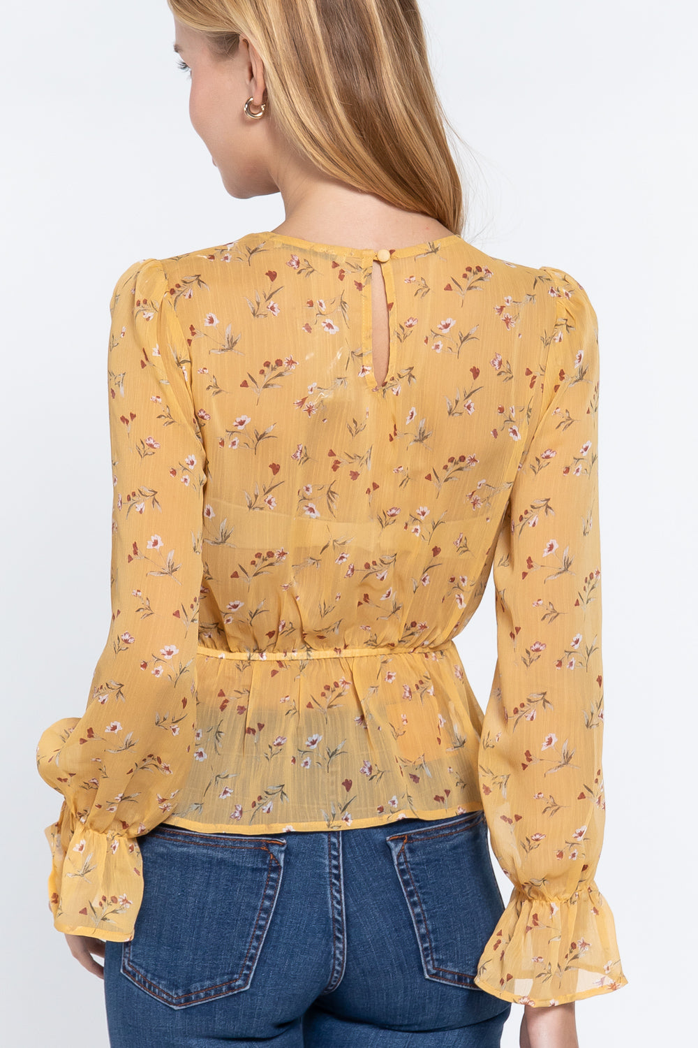 Blusa De Chifón Gasa Estampado Peplum Moño Floral Mostaza Active USA Talla Grande