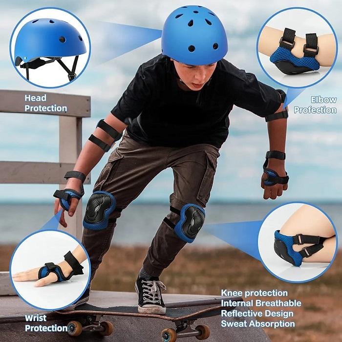 Kit Casco Protección Niños Bicicleta Skate Scooter 3-13 Años Azul S