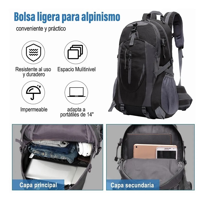 Mochila De Deporte Al Aire Bolso Para Alpinismo Impermeable Negra 