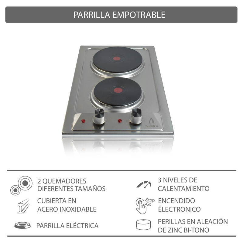 Parrilla eléctrica de empotre con 2 quemadores SUPRA en acero inoxidable 2P-TRAMONTO