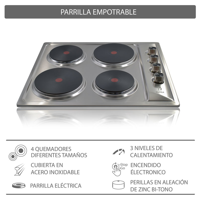 Parrilla eléctrica de empotre con 4 quemadores SUPRA en acero inoxidable 4P-TRAMONTO