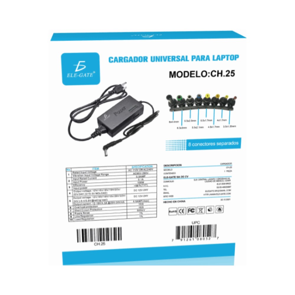 Cargador Universal Para Laptop 8 Puntas 12-24v Ele-Gate Color Negro