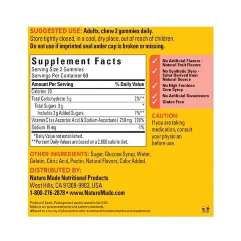 Vitamina C Adultos 250mg 120 Gomitas Apoya Sistema Inmunidad