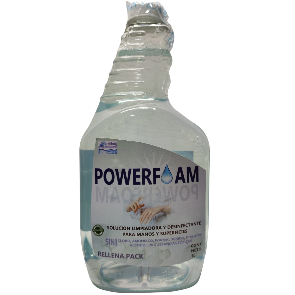 Powerfoam Vida Líquida 1 Litro Desinfectante Limpiador Desengrasante de manos y superficies orgánico sin alcohol ni químicos tóxicos uso infantil y escolar seguro