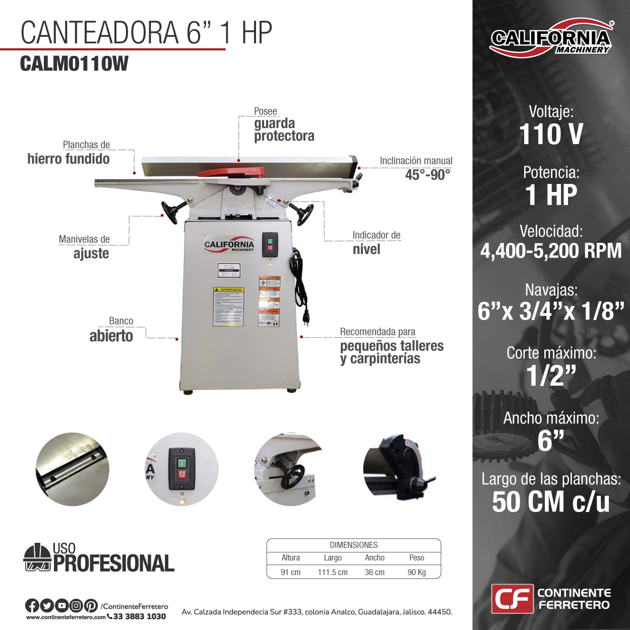 Canteadora Banco Abierto 6" 1 Hp 3 Navajas 110 Volts California Machinery Calm0110W