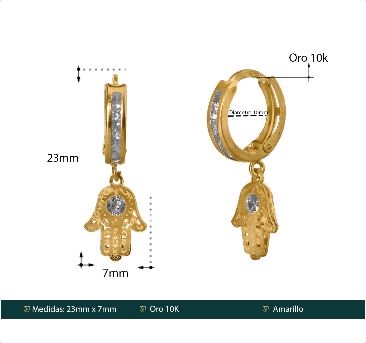 Aretes Arracada Oro Sólido 10k Mano De Fátima + Estuche