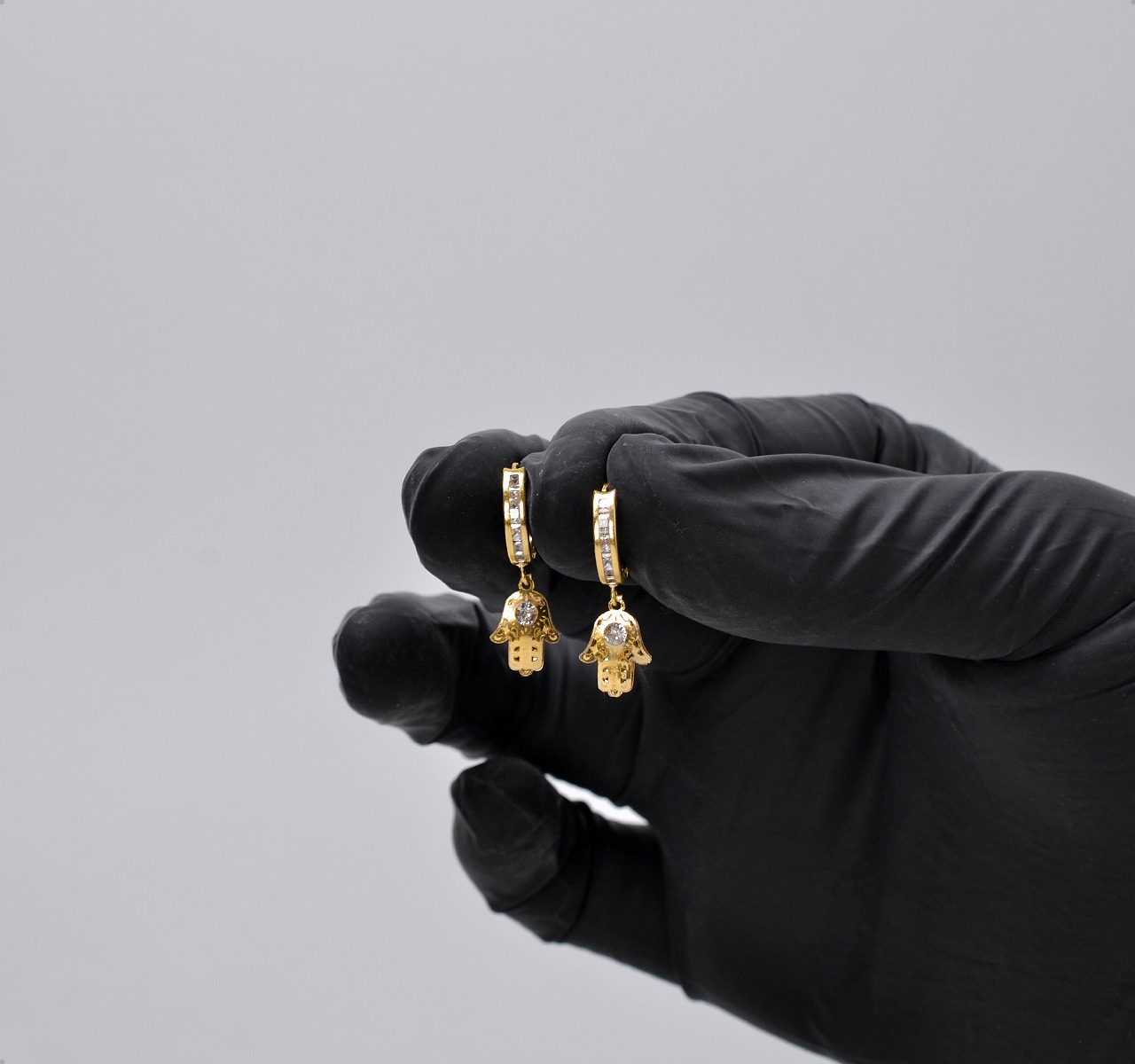 Aretes Arracada Oro Sólido 10k Mano De Fátima + Estuche