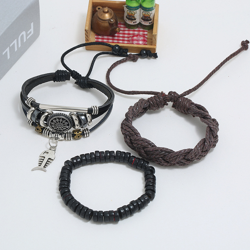 Juego de Pulseras de Cuero con Dije de Pescado Ajustable