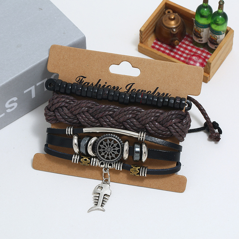 Juego de Pulseras de Cuero con Dije de Pescado Ajustable