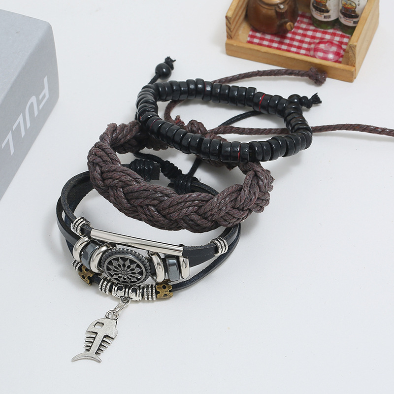 Juego de Pulseras de Cuero con Dije de Pescado Ajustable