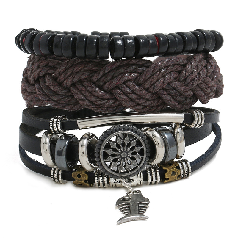 Juego de Pulseras de Cuero con Dije de Pescado Ajustable