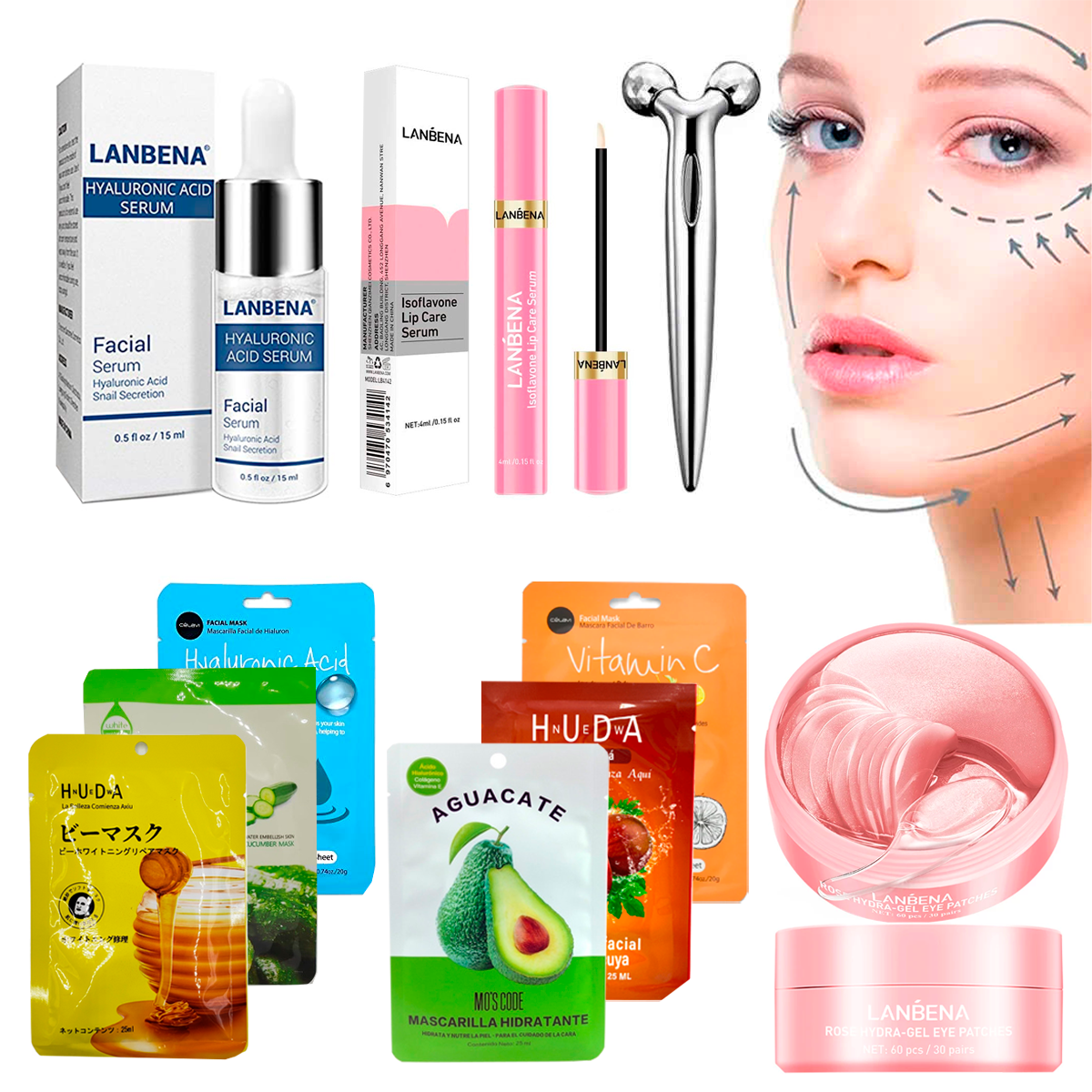 Kit Cuidado Facial Lanbena Sérum Colágeno Hidratante + Parches De Ojos Original Antiarruga + Masajeador Rostro Acido Hialuronico