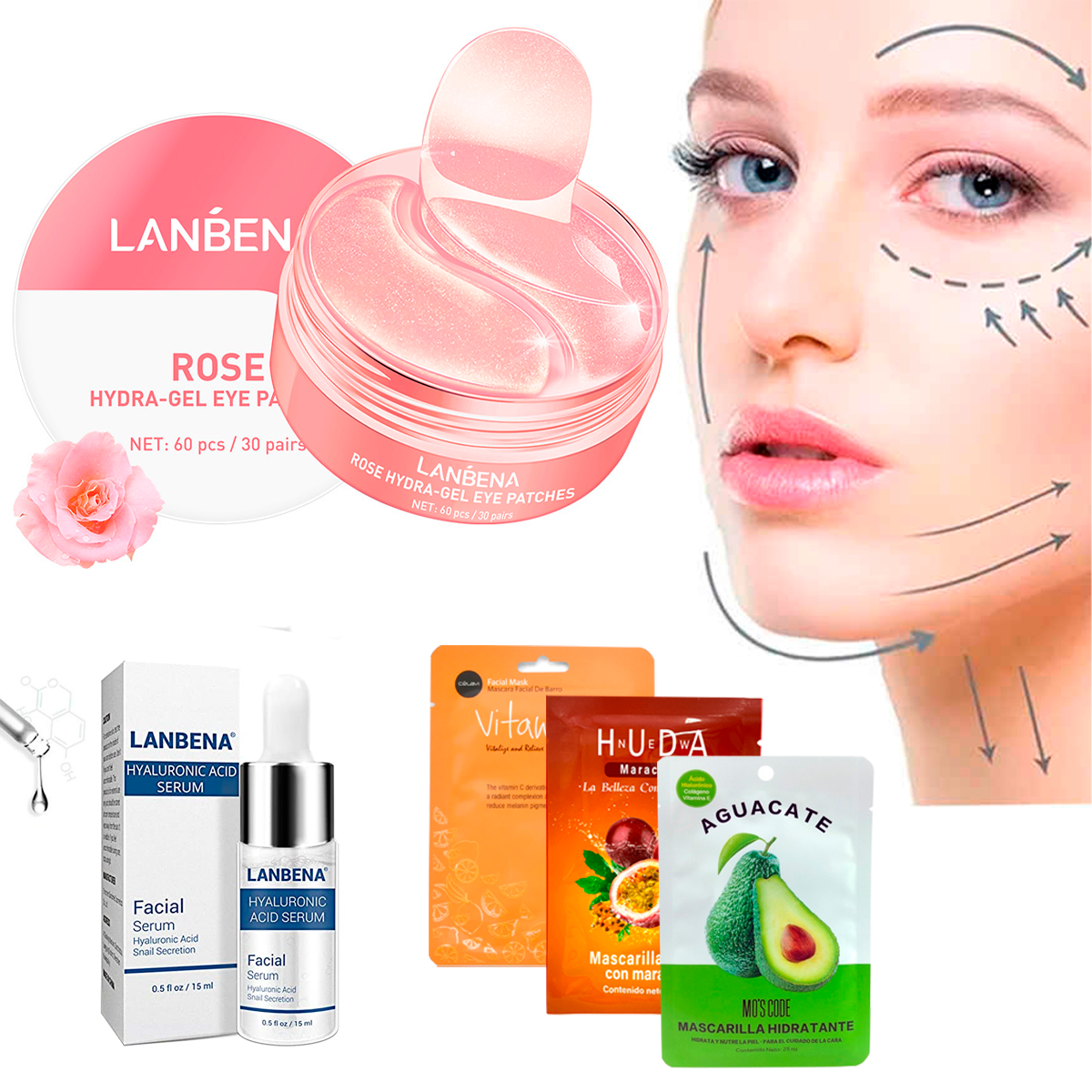Kit Cuidado Facial Lanbena Parches + Mascarillas Antiarrugas Blanquea Reafirma + Acido Hialuronico