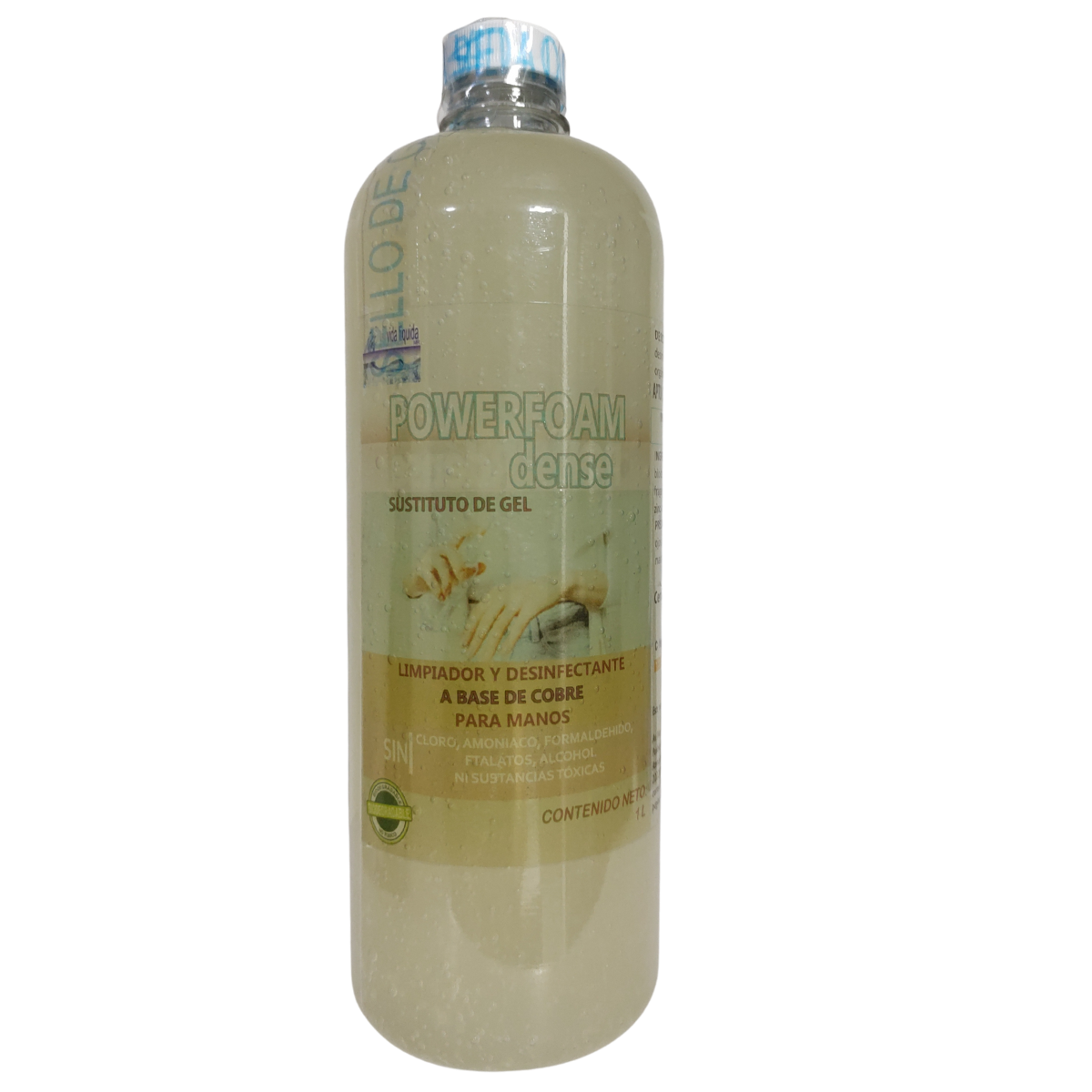 Powerfoam Dense Vida Líquida 1 Litro Desinfectante Limpiador y Desengrasante de manos orgánico sin alcohol ni químicos tóxicos uso infantil y escolar seguro