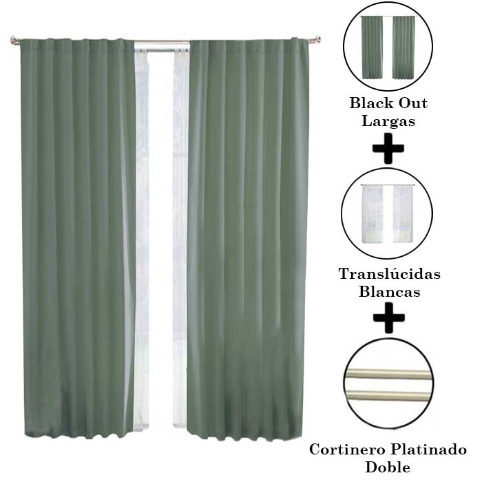 Set De Cortinas Para Sala | Cortinas Blackout Verdes + Traslúcidas + Cortinero