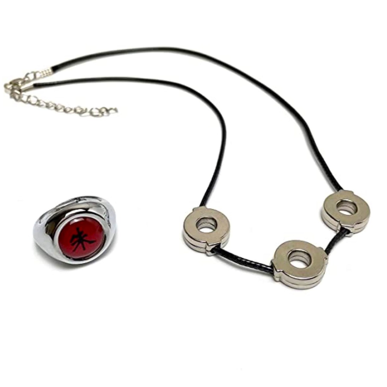 Cosplay Naruto Disfraz Itachi Clan Uchiha Akatsuki Kit Combo Renegado Konoha 1 Anillo Kanji y 1 Collar Tres Círculos
