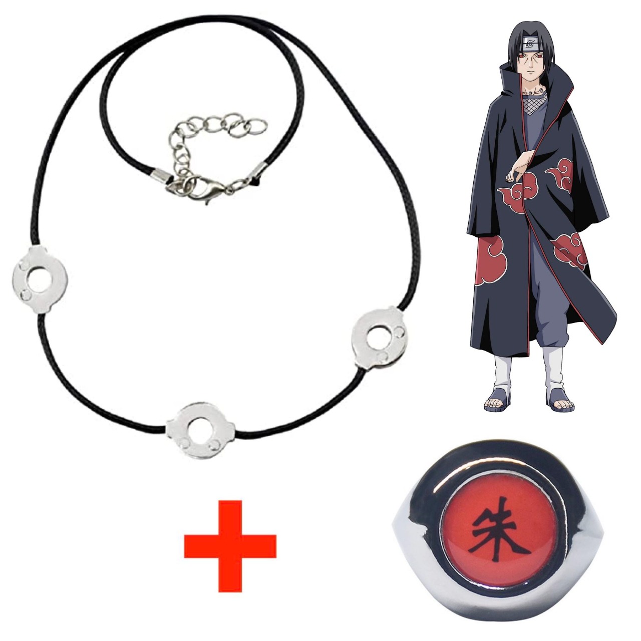 Cosplay Naruto Disfraz Itachi Clan Uchiha Akatsuki Kit Combo Renegado Konoha 1 Anillo Kanji y 1 Collar Tres Círculos
