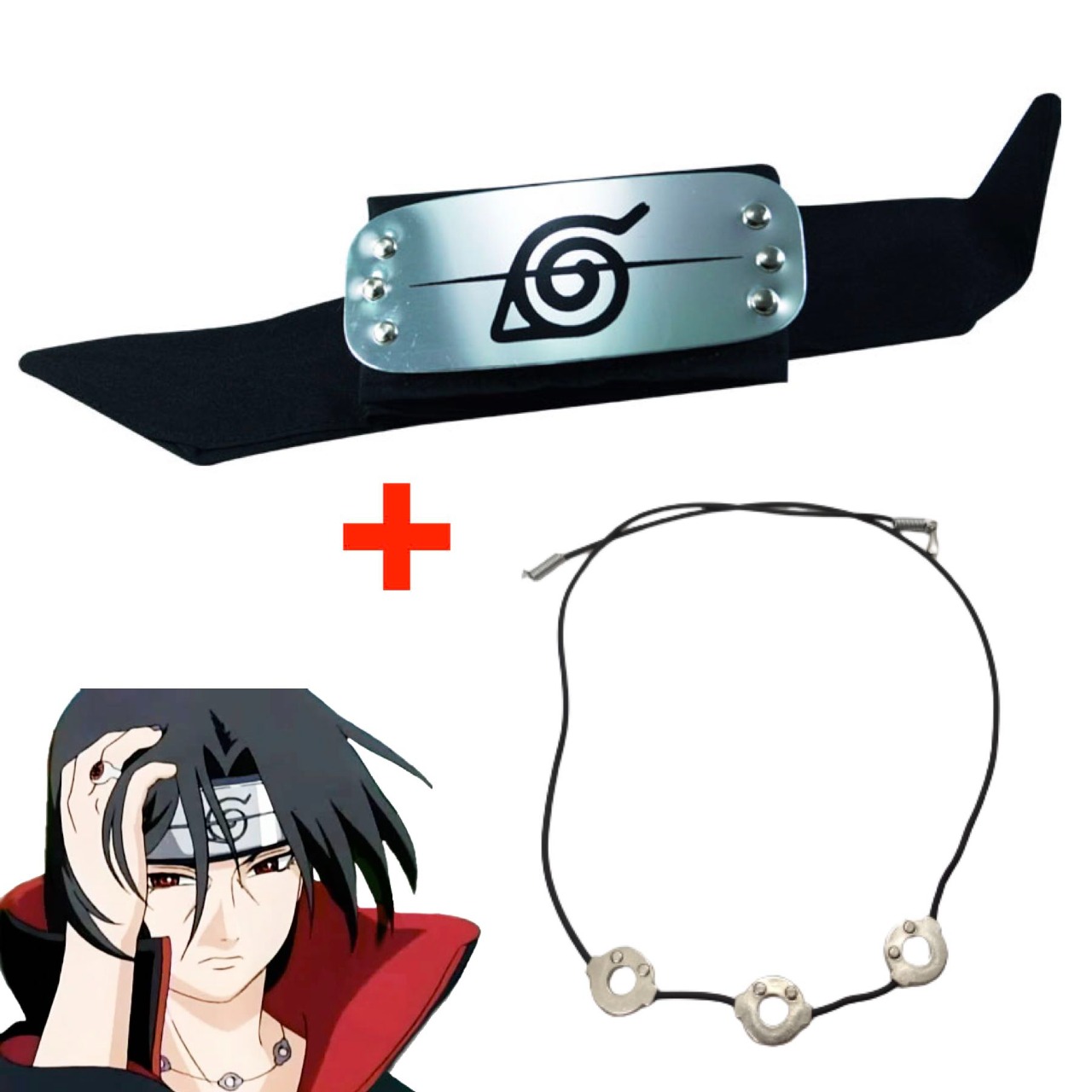 Cosplay Naruto Disfraz Itachi Clan Uchiha Akatsuki Kit Combo 1 Banda Aldea Oculta de la Hoja Renegado Konoha y 1 Collar Tres Círculos