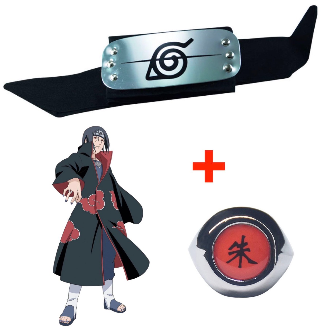 Cosplay Naruto Disfraz Itachi Clan Uchiha Akatsuki Kit Combo 1 Banda Aldea Oculta de la Hoja Renegado Konoha y 1 Anillo Kanji