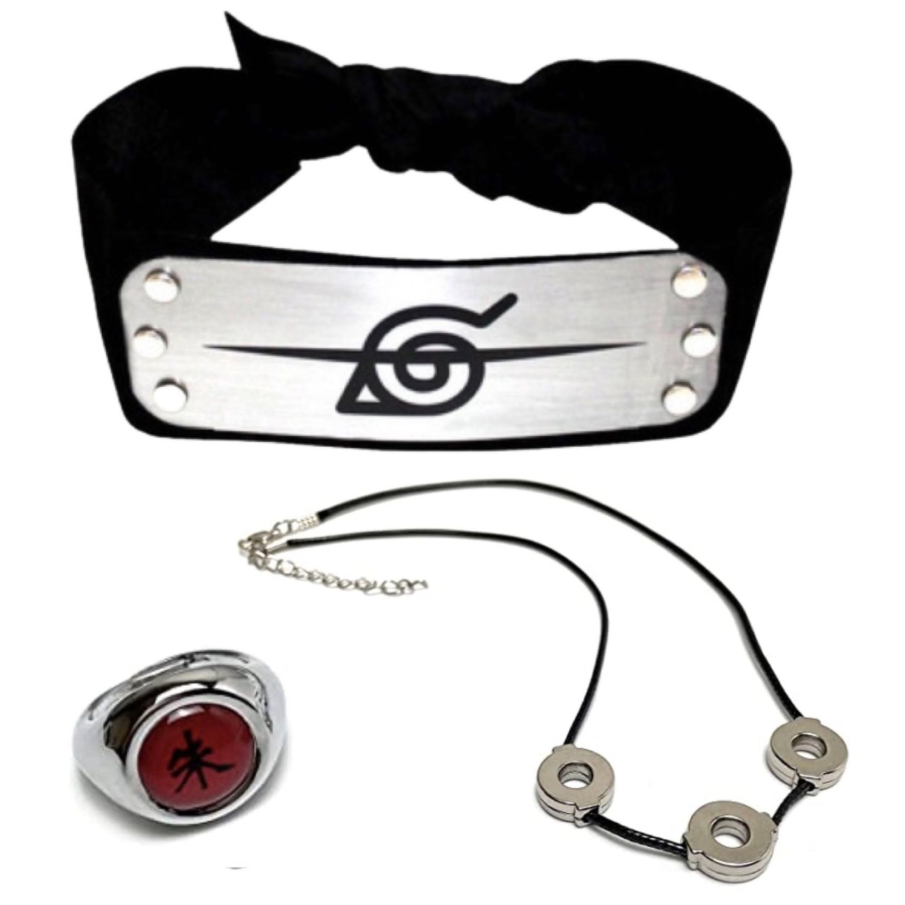 Cosplay Naruto Disfraz Itachi Clan Uchiha Akatsuki Kit Combo 1 Banda Aldea Oculta de la Hoja Renegado Konoha, 1 Anillo Kanji y 1 Collar Tres Círculos