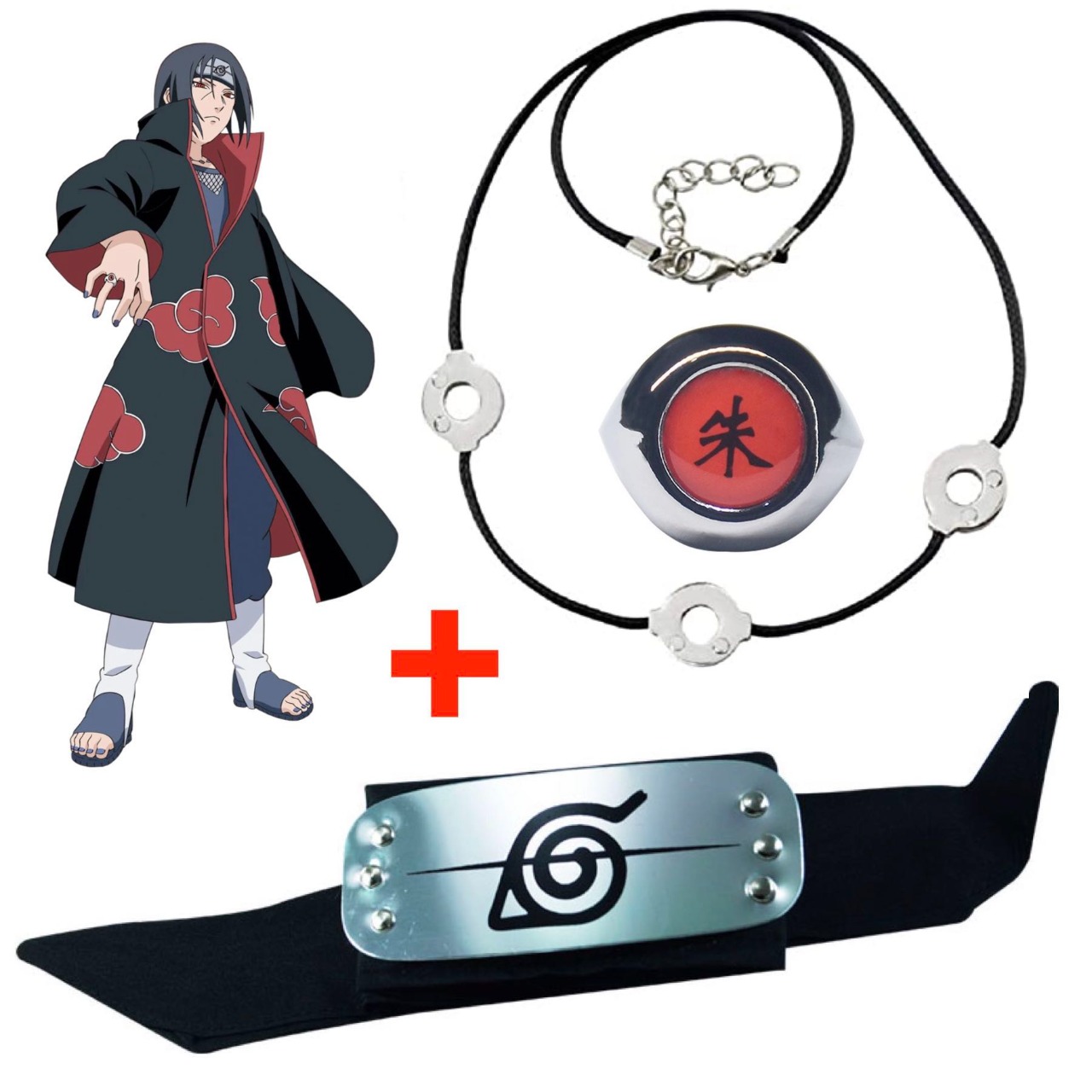 Cosplay Naruto Disfraz Itachi Clan Uchiha Akatsuki Kit Combo 1 Banda Aldea Oculta de la Hoja Renegado Konoha, 1 Anillo Kanji y 1 Collar Tres Círculos