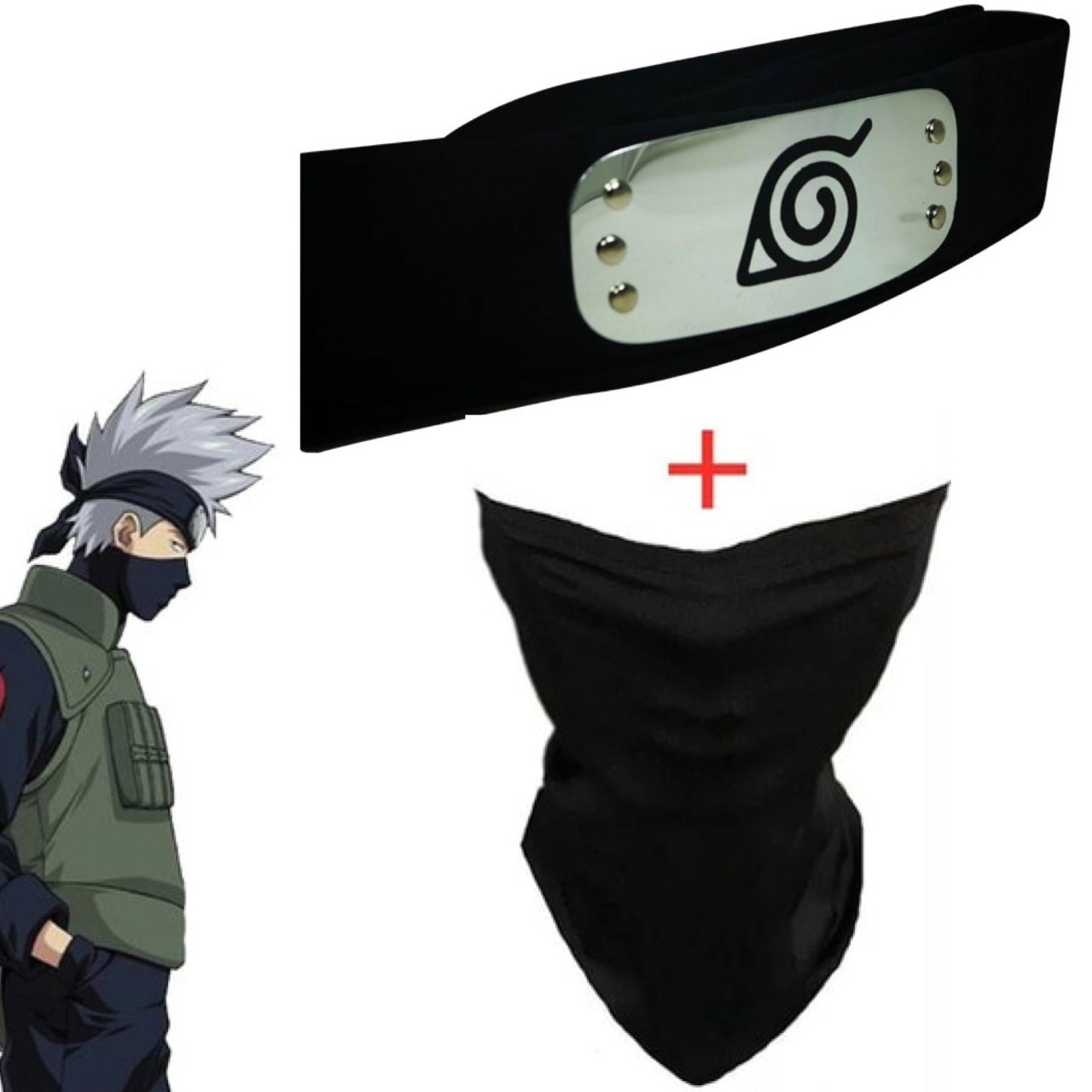 Cosplay Naruto Disfraz Kakashi Hatake Kit Combo 1 Banda Aldea Oculta de la Hoja Konoha y 1 Máscara Bandana Cubreboca Negro Ninja