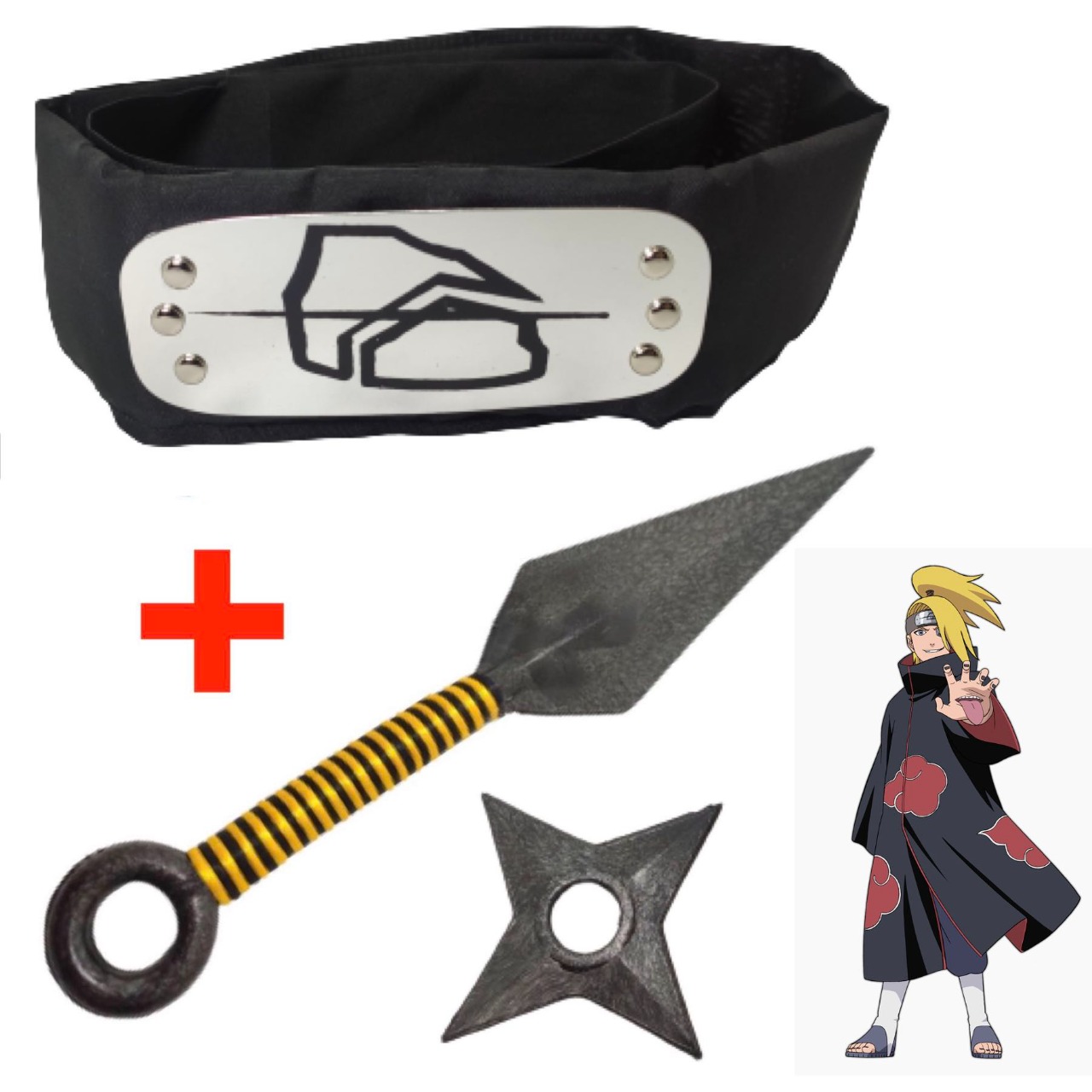 Cosplay Naruto Disfraz Deidara Renegado Akatsuki Kit Combo 1 Banda Aldea Oculta de la Roca, 1 Shuriken y 1 Kunai Ninja