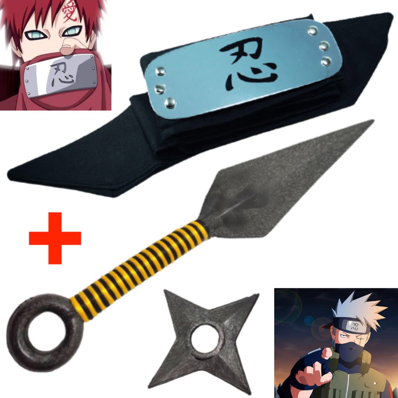 Cosplay Naruto Disfraz Alianza Shinobi Ninjas Lideres Kit Combo 1 Banda Protector Ninja, 1 Shuriken y 1 Kunai Konoha