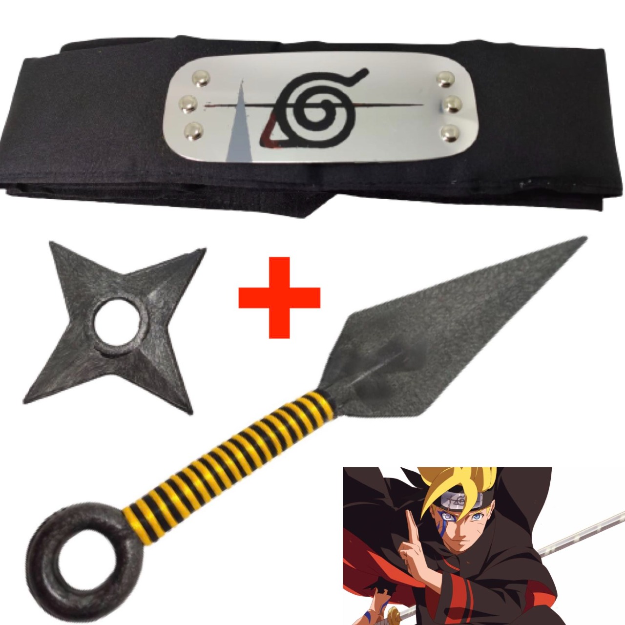 Cosplay Naruto Disfraz Boruto Hijo Kit Combo 1 Banda Aldea Oculta de la Hoja Renegado Rayada, 1 Shuriken y 1 Kunai Konoha Ninja