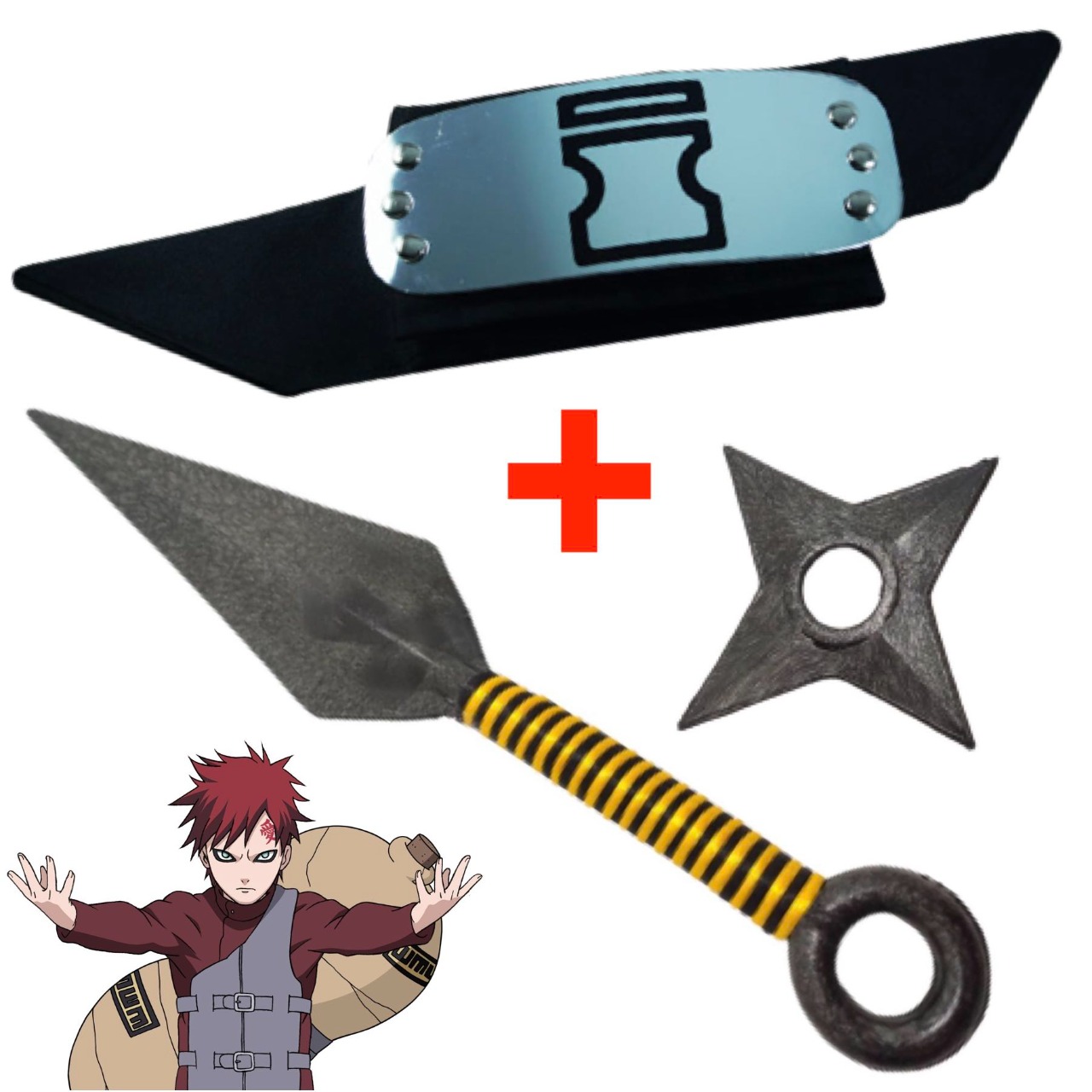 Cosplay Naruto Disfraz Gaara Aldea Arena Shinobi Kit Combo 1 Banda Aldea Oculta de la Arena, 1 Shuriken y 1 Kunai Konoha Ninja