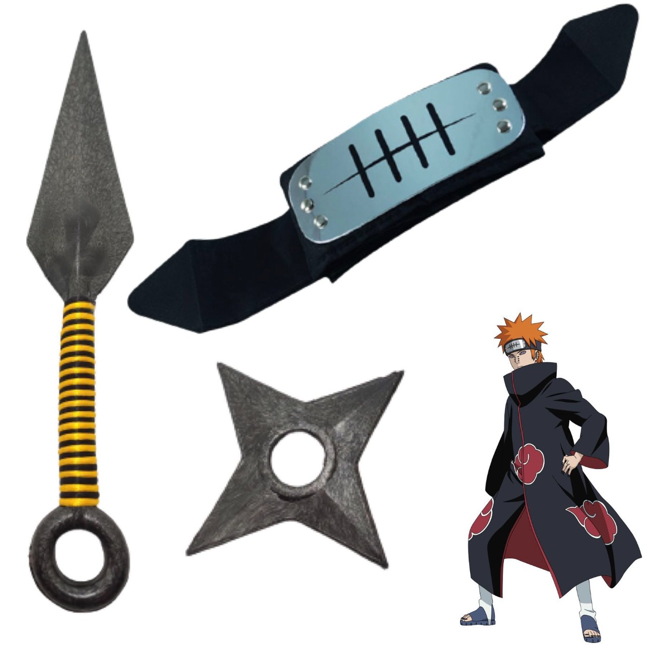 Cosplay Naruto Disfraz Pain Pein Líder Nagato Akatsuki Kit Combo 1 Banda Aldea Oculta de la Lluvia, 1 Shuriken y 1 Kunai Konoha Ninja Akatsuki