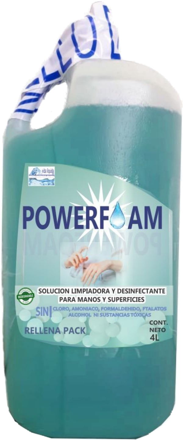 Powerfoam Vida Líquida 4 Litros Desinfectante Limpiador Desengrasante de manos y superficies orgánico sin alcohol ni químicos tóxicos uso infantil y escolar seguro