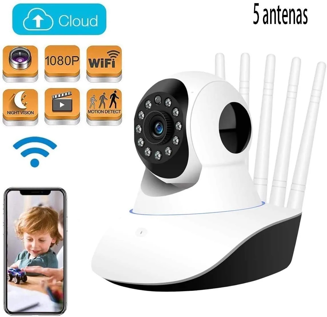 Camara De Seguridad Wifi Ip 1080p 5 Antenas Vision Nocturna.