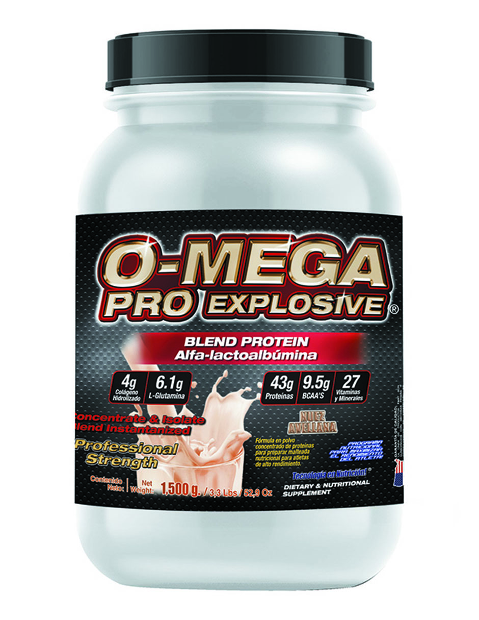 Proteína Whey Omega Pro Explosive 1,500 Gr 3.3 Lbs Bajo Carbohidratos Sabor Nuez/Avellana F&nt