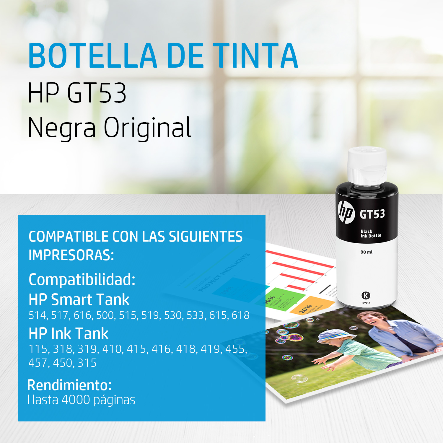  Botella de Tinta Original HP GT53 de 90 ml, Negro