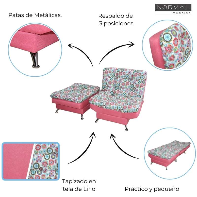 Sofá Cama Moderno Sillón Reclinable con Taburete en Lino Rosa con Mandala