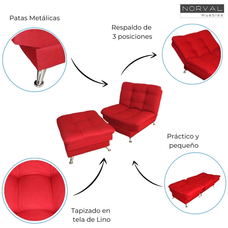 Sofá Cama Individual Sillón Reclinable y Taburete Moderno Lino Rojo