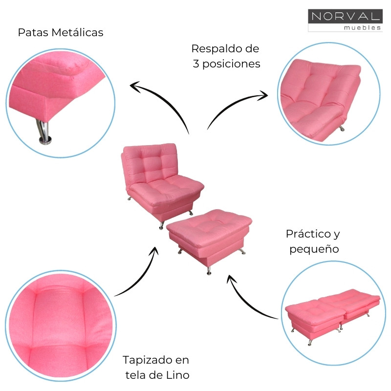 Sofá Cama Individual Sillón Reclinable y Taburete Moderno Lino Rosa