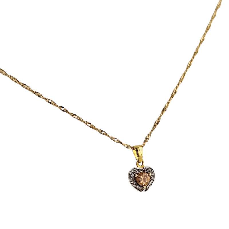 Cadena con Dije Corazón Cristal Anaranjado- Baño de oro 18K