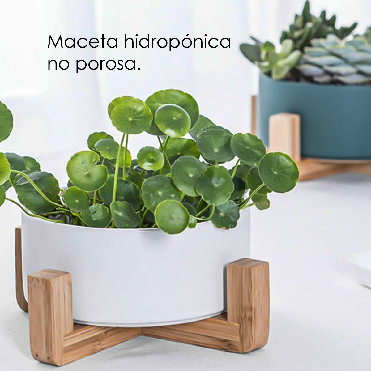 Macetero Minimalista Base de bambú con 3 Patas, Maceta de cerámica 21 cm (Blanco)