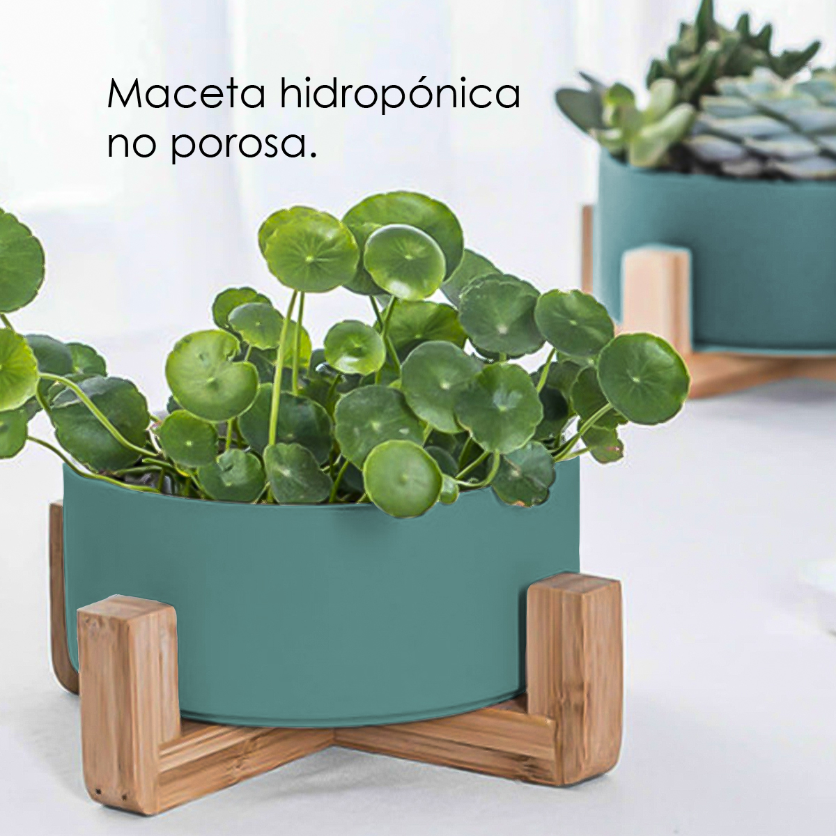 Macetero Minimalista Base de bambú con 3 Patas, Maceta de cerámica 21 cm (Verde)