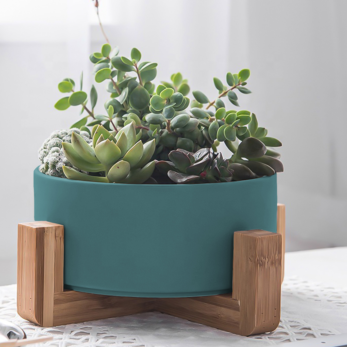 Macetero Minimalista Base de bambú con 3 Patas, Maceta de cerámica 21 cm (Verde)