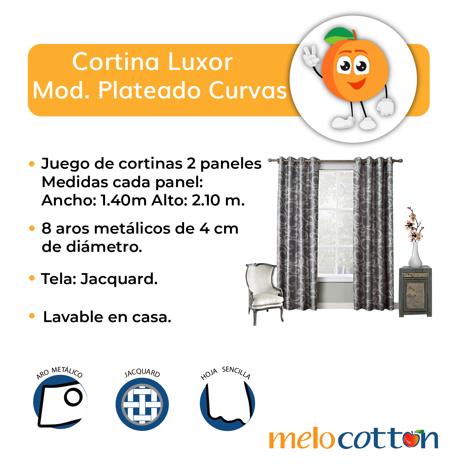 Juego De Cortinas (2 Paneles) Tela Jacquard. Cada Panel Mide: 1.40 m de Ancho x 2.10 m de Alto. con 8 Aros metálicos. Home Curtains. Gris