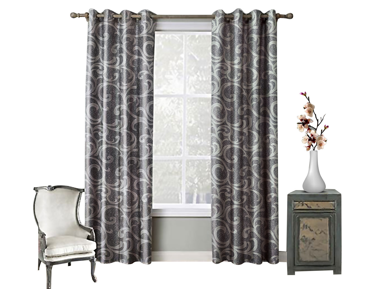 Juego De Cortinas (2 Paneles) Tela Jacquard. Cada Panel Mide: 1.40 m de Ancho x 2.10 m de Alto. con 8 Aros metálicos. Home Curtains. Gris