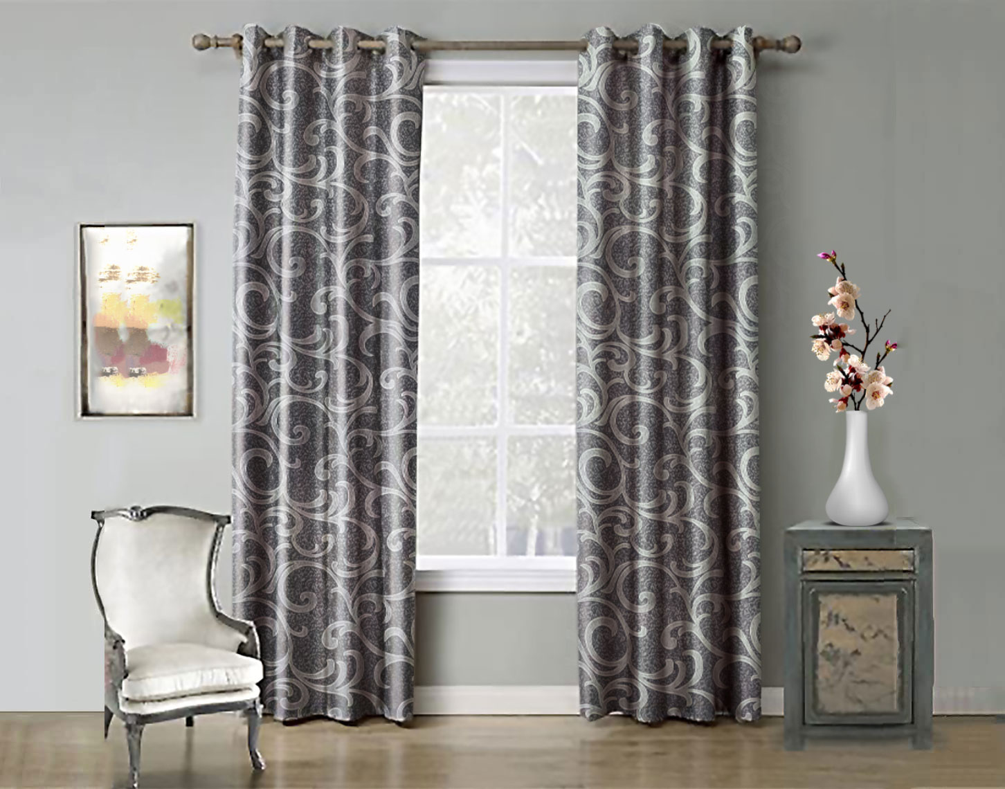 Juego De Cortinas (2 Paneles) Tela Jacquard. Cada Panel Mide: 1.40 m de Ancho x 2.10 m de Alto. con 8 Aros metálicos. Home Curtains. Gris