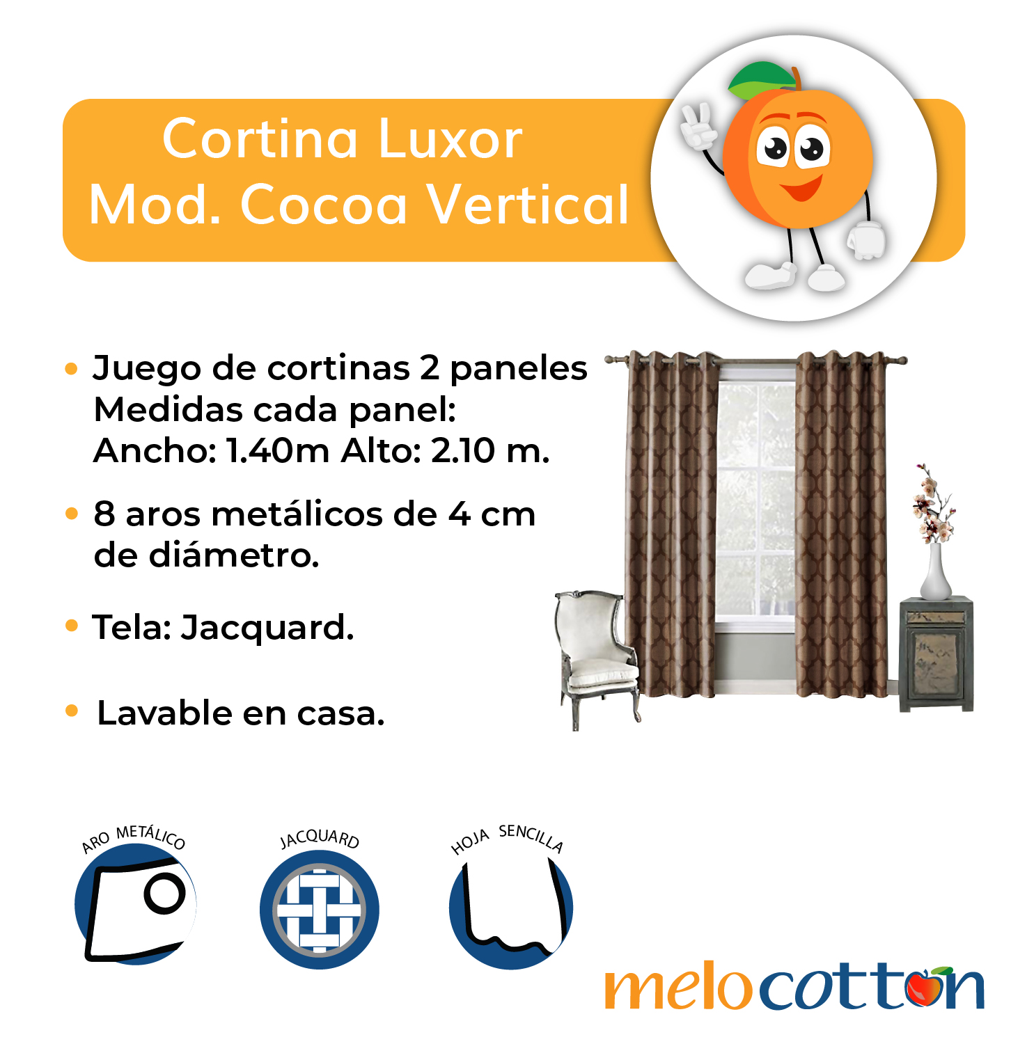 Juego De Cortinas (2 Paneles) Tela Jacquard. Cada Panel Mide: 1.40 m de Ancho x 2.10 m de Alto. con 8 Aros metálicos. Home Curtains. Cocoa